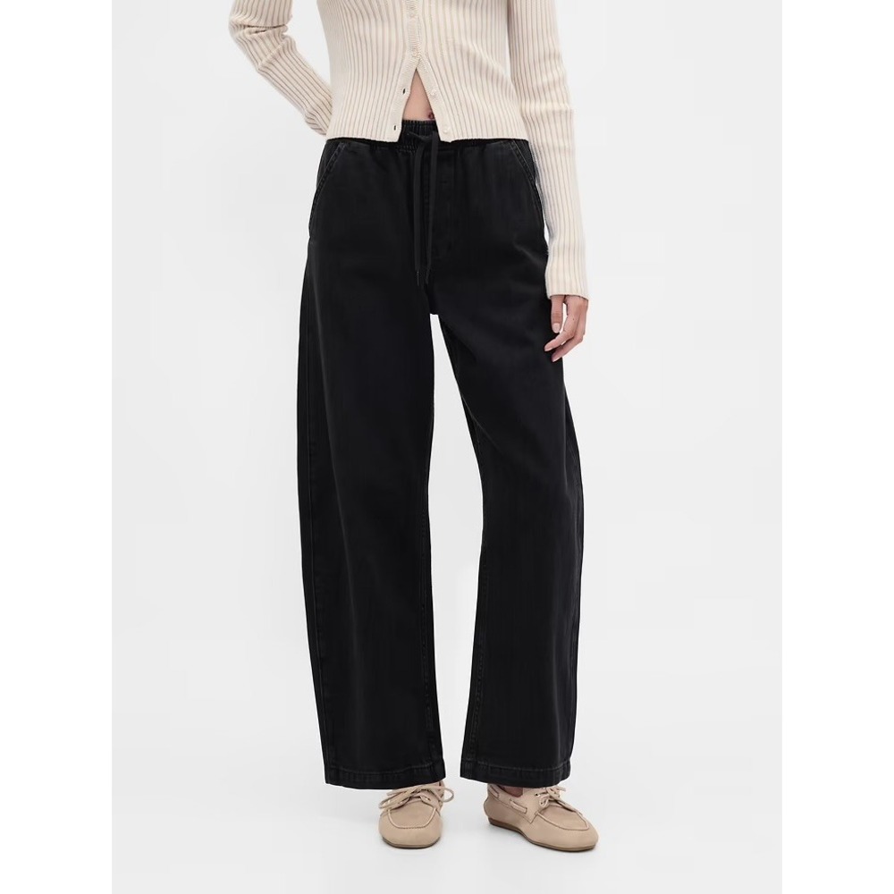 Gap High Rise Easy Barrel Black Jeans Pull On M Cotton Relaxed Drawstring Baggy